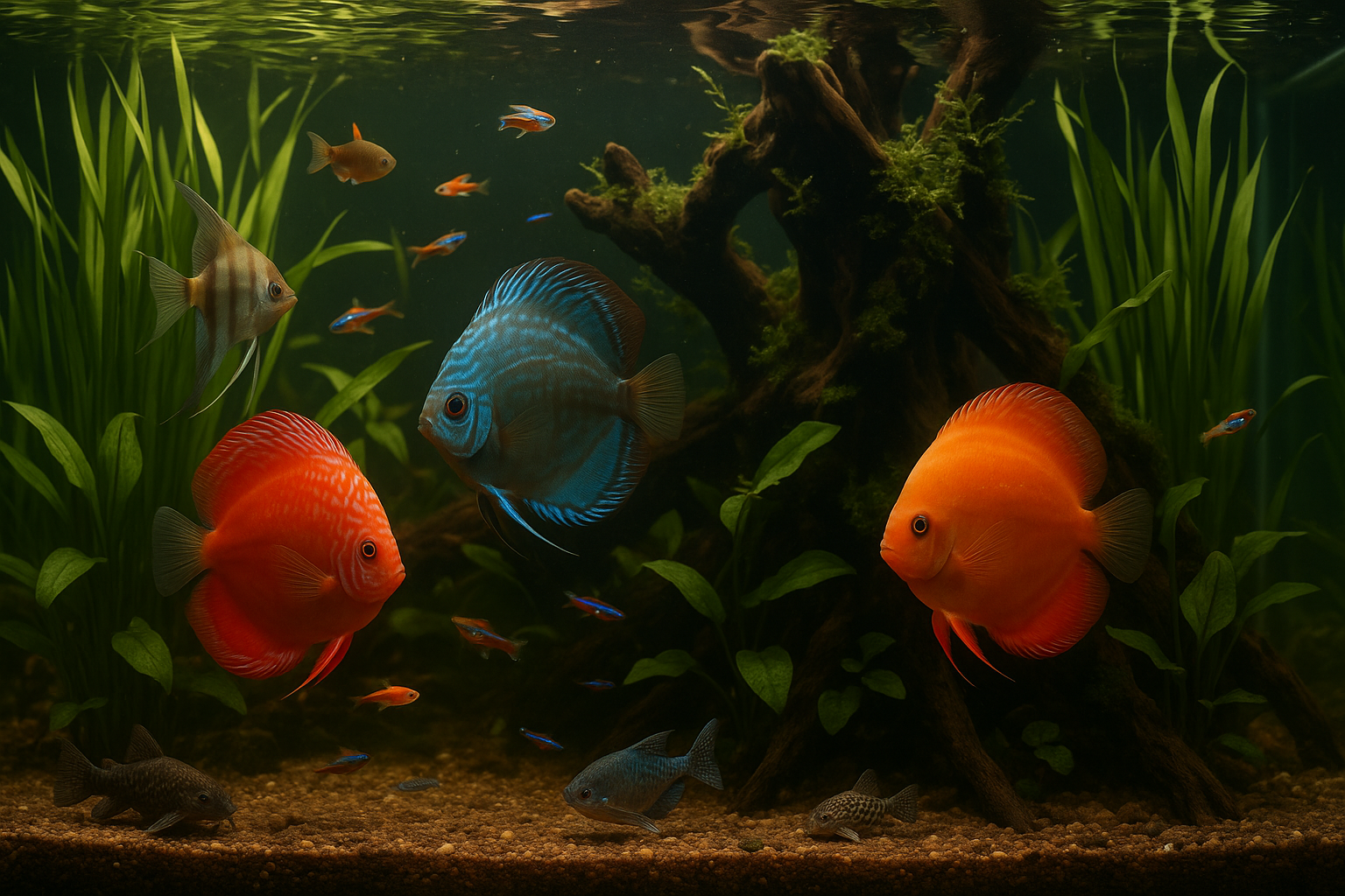 Acuario tropical plantado con cardumen y raíces naturales