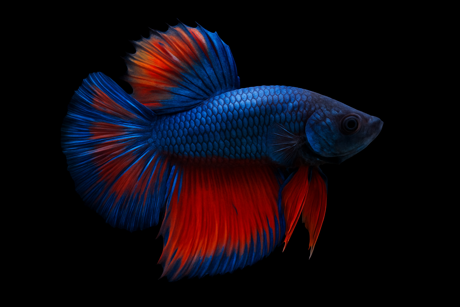 Pez betta con aletas amplias y colores intensos
