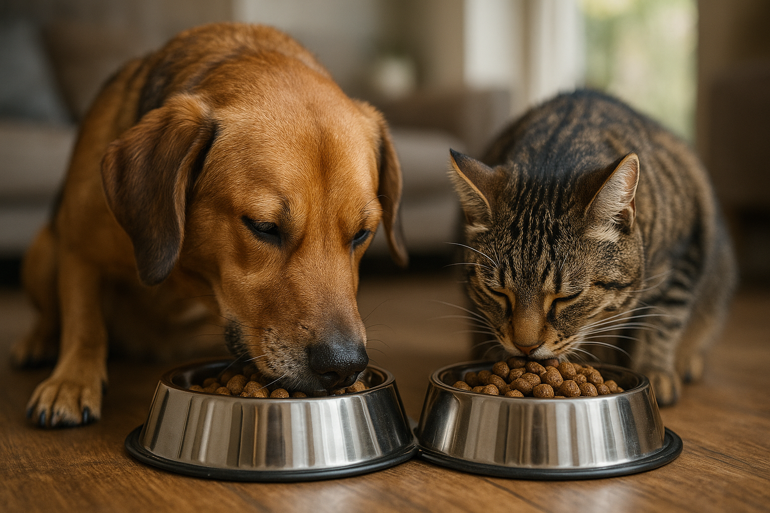 Perro y gato comiendo alimento seco, imagen principal Zootropic