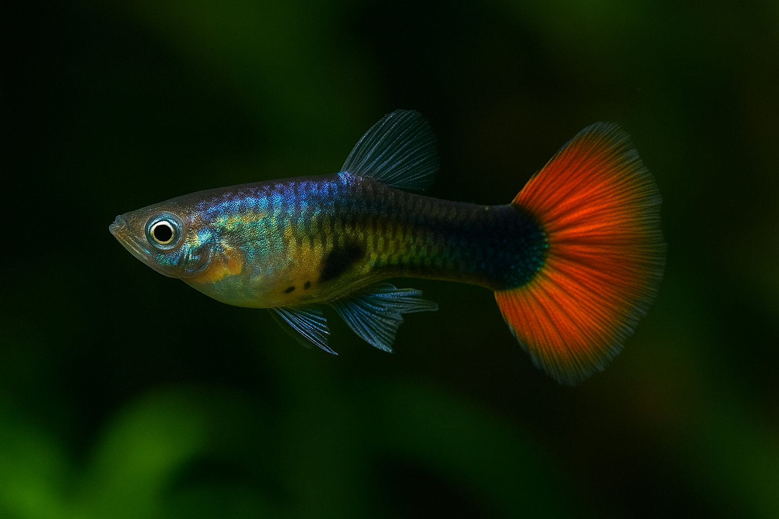 Guppys multicolor nadando en grupo