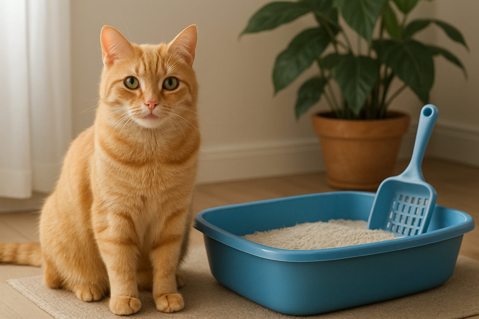 Gato junto a un arenero limpio en un entorno natural