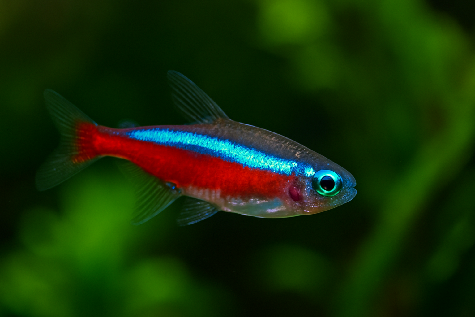 Cardumen de neones con franja azul eléctrica