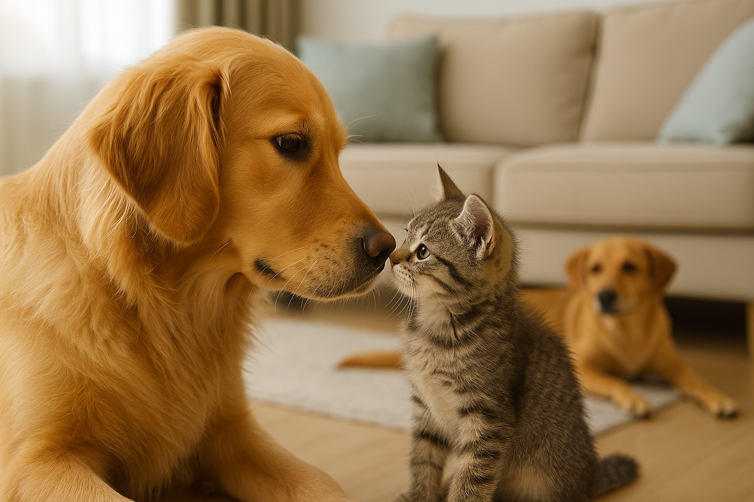 Perro adulto y gato cachorro conociéndose en casa