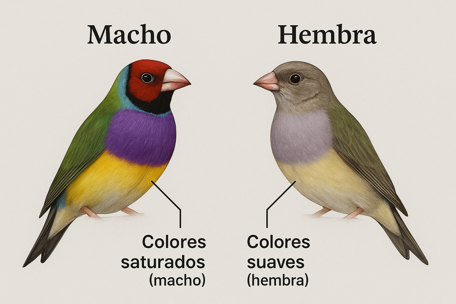 Sexado de diamante de Gould: macho con colores más saturados y pecho púrpura intenso; hembra más suave