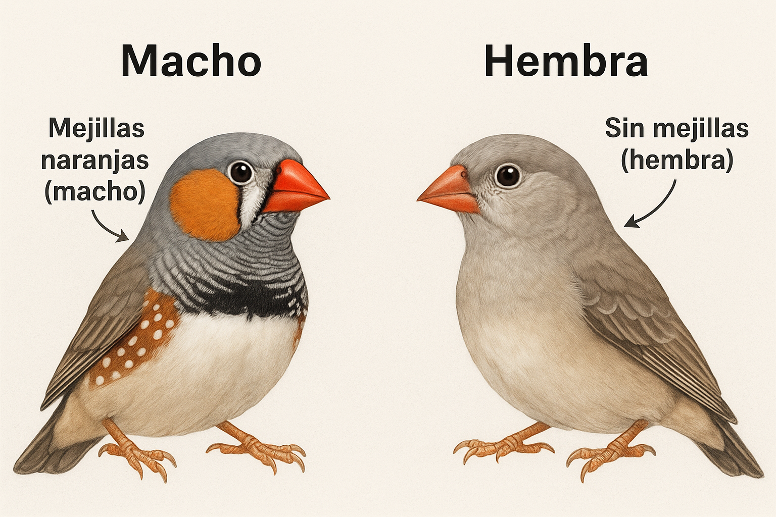 Sexado de diamante mandarín: macho con mejillas naranjas, babero negro y flancos moteados