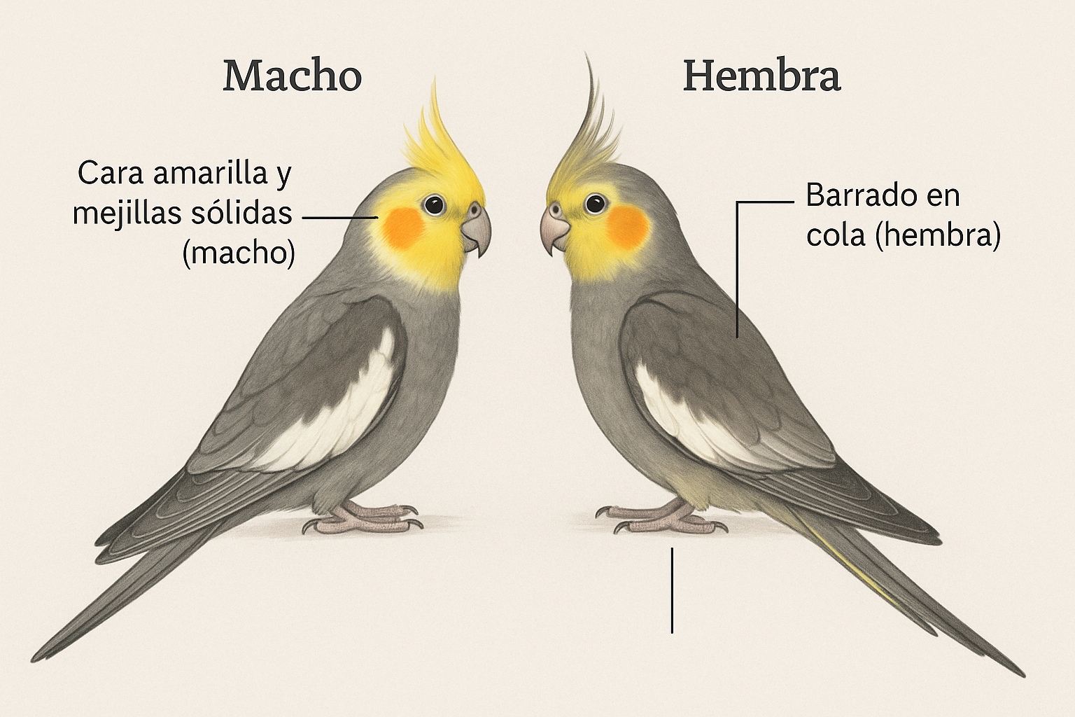 Sexado de ninfa: macho ancestral con cara amarilla intensa y mejillas sólidas; hembra con barrado en cola