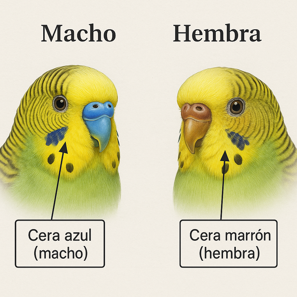 Sexado de periquito: color de la cera nasal, azul en machos, marrón/beige en hembras