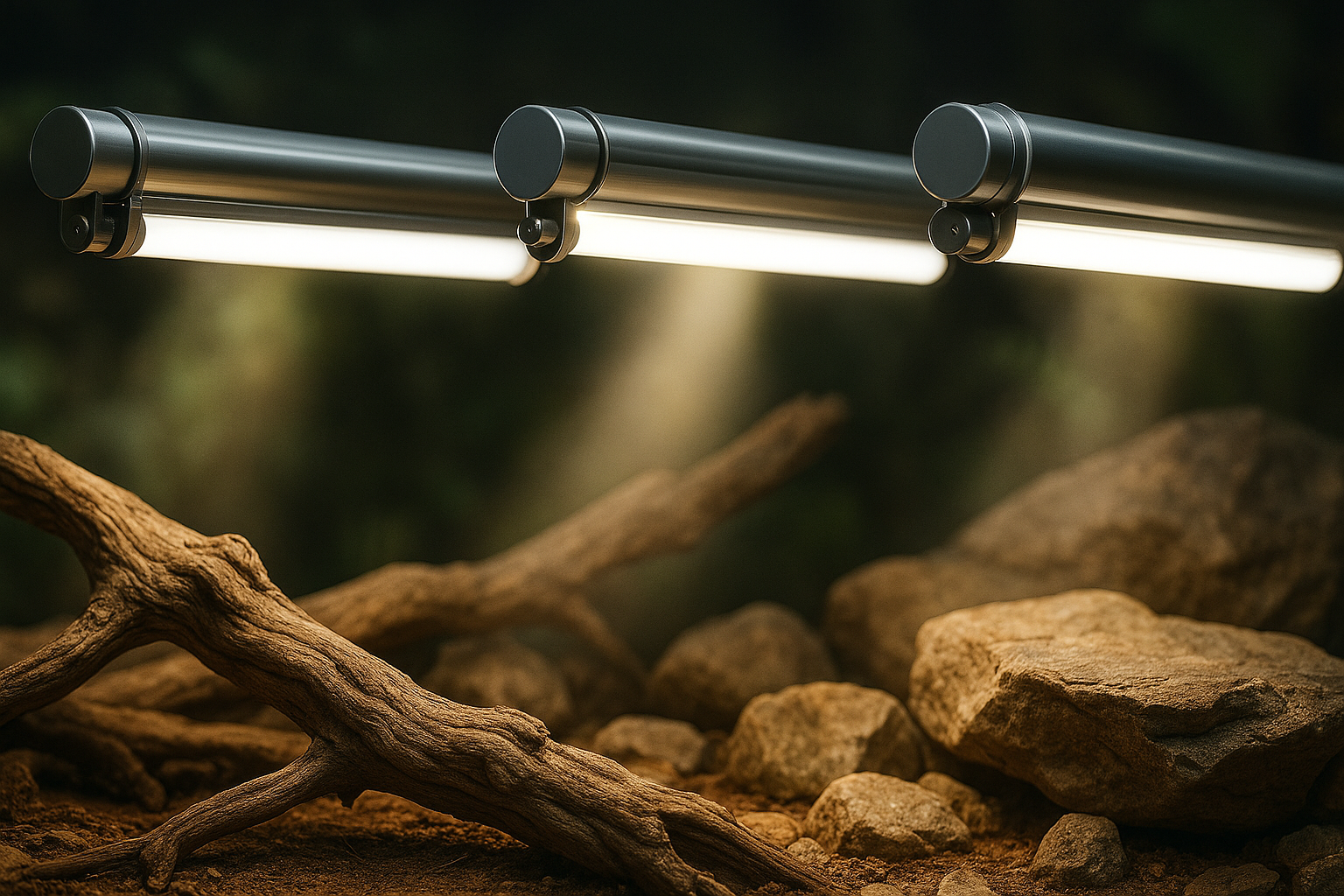 Pogona bajo lámpara UVB en terrario natural