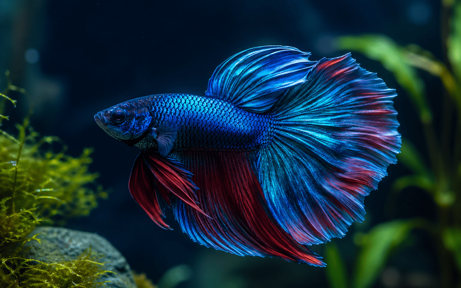 Betta macho azul y rojo sobre fondo oscuro
