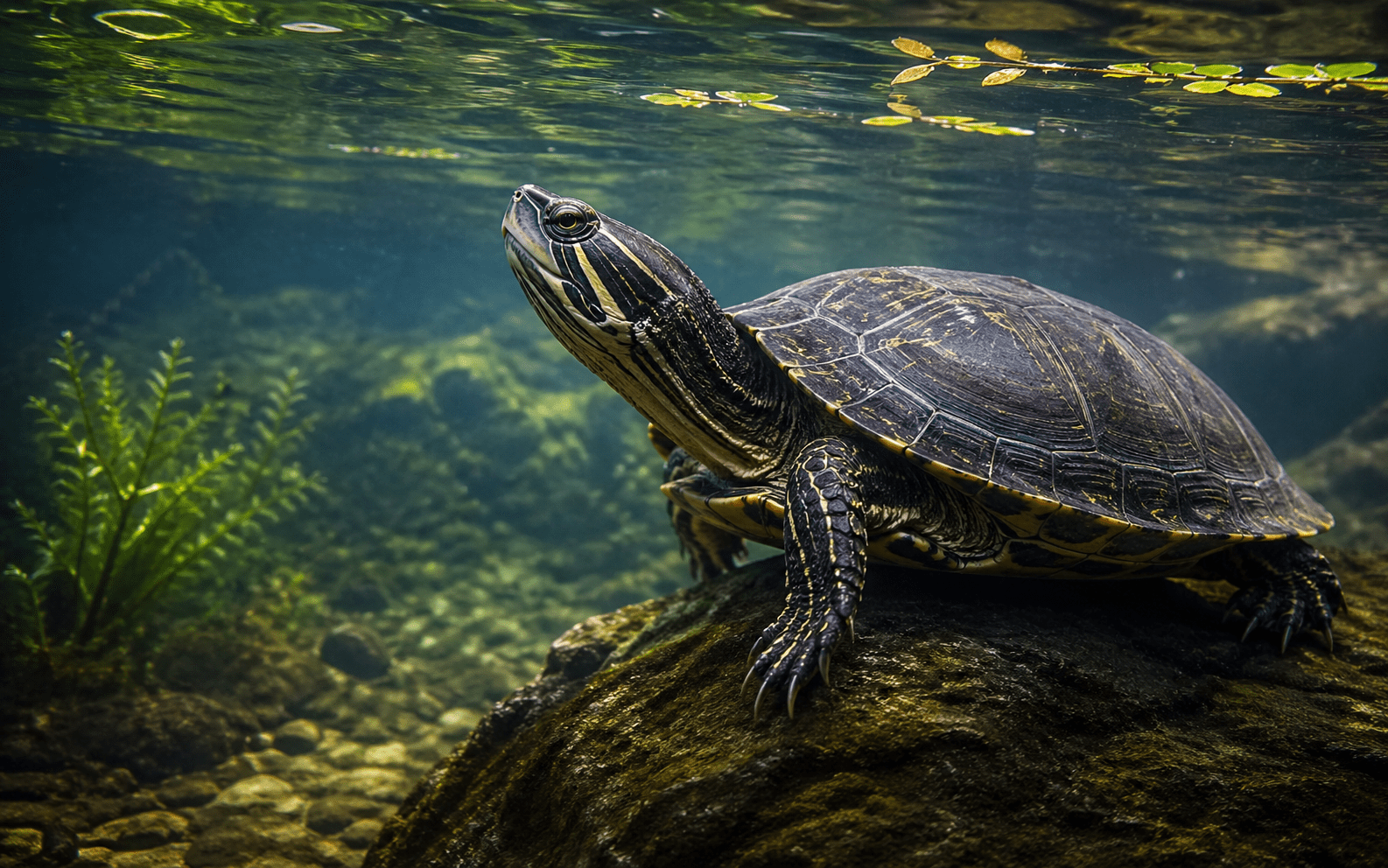 Tortuga de agua en hábitat acuático natural