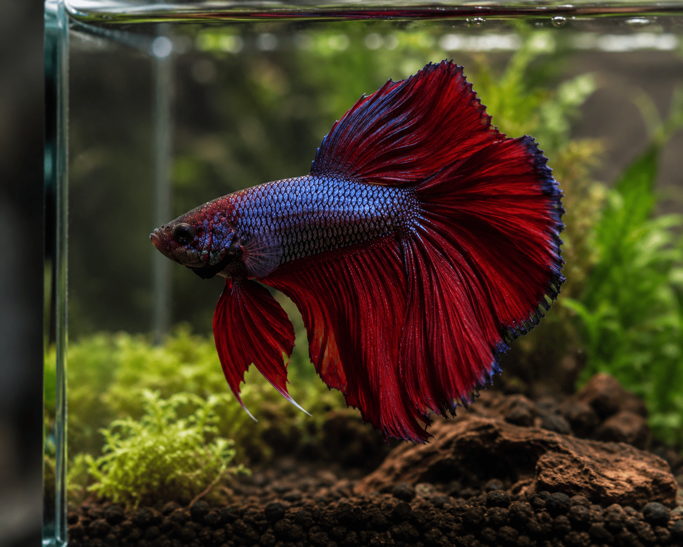Nanoacuario plantado con betta azul entre troncos y musgo