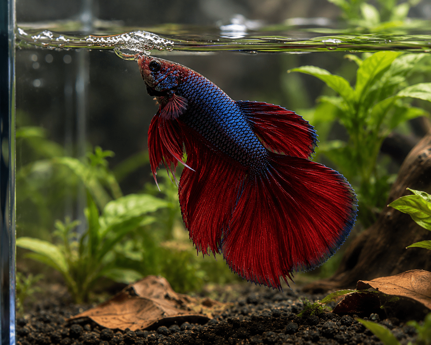 Acuario tropical plantado con betta azul y peces ornamentales