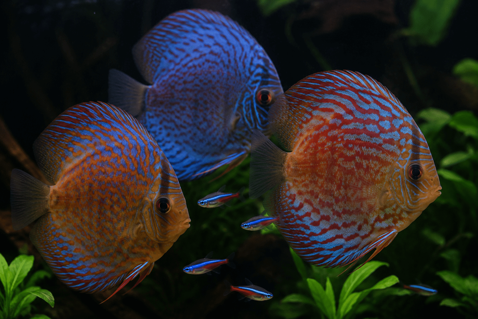 Peces disco en acuario plantado de Zootropic