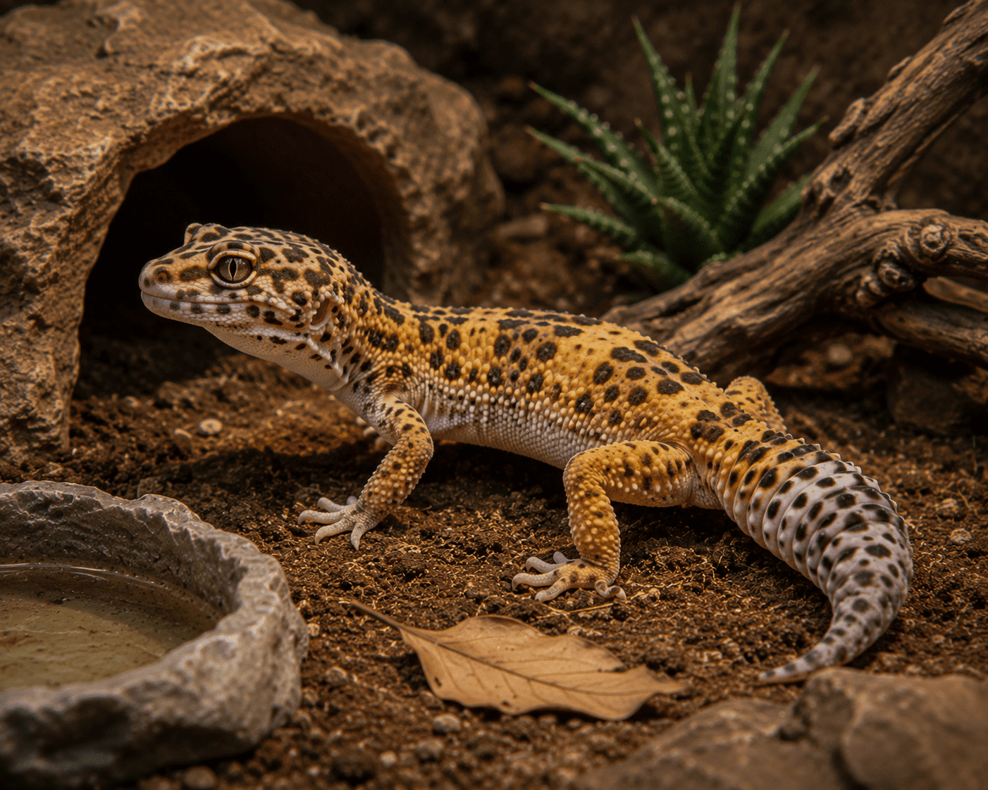 Gecko leopardo en hábitat desértico controlado