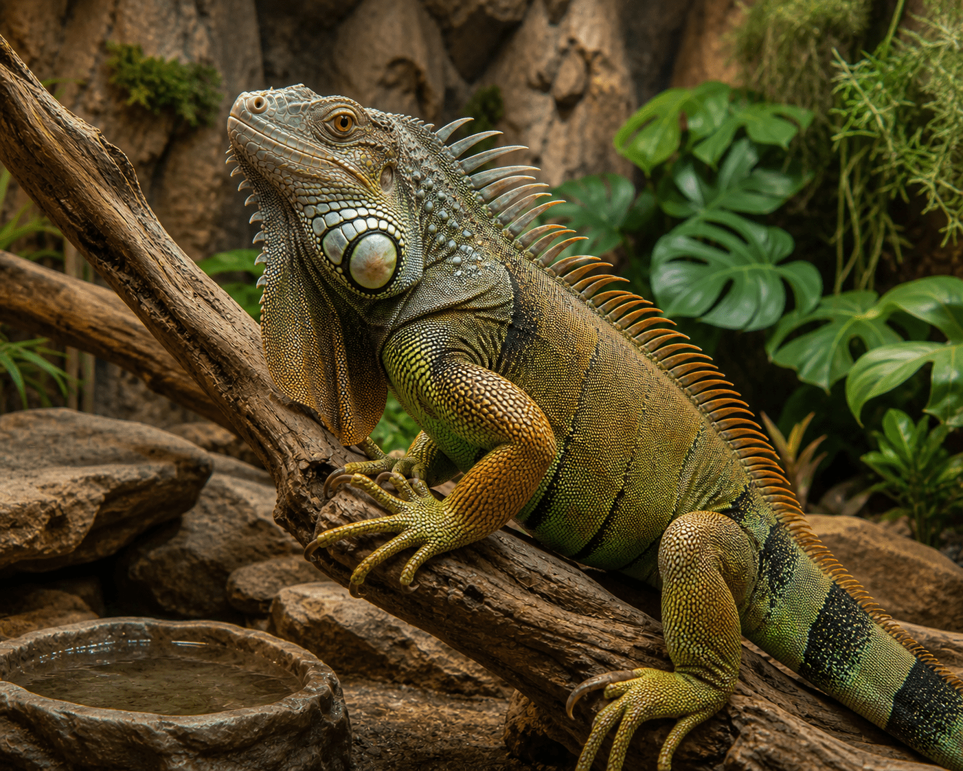 Iguana verde mostrando papada y cresta dorsal
