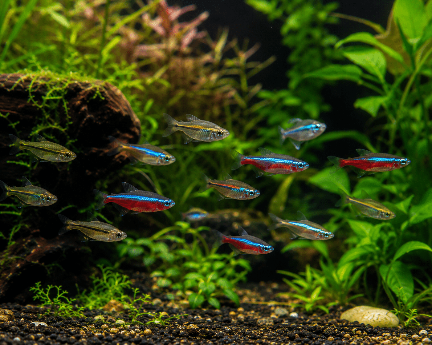 Acuario tropical comunitario con cardumen de neones al fondo