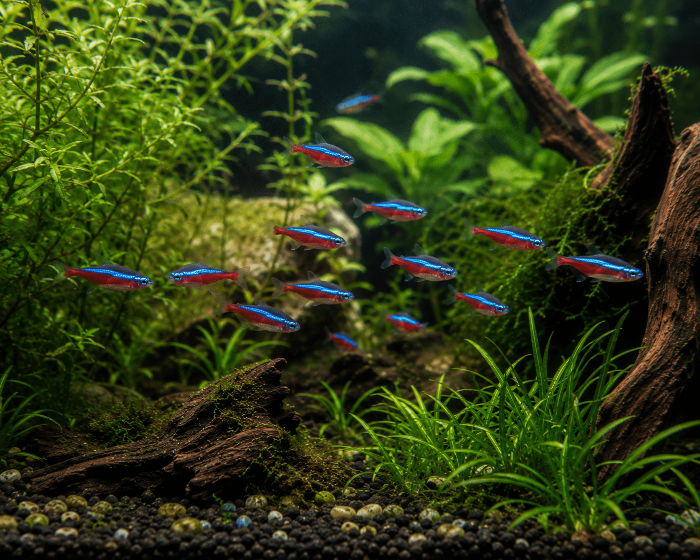 Acuario plantado con peces pequeños tipo neón