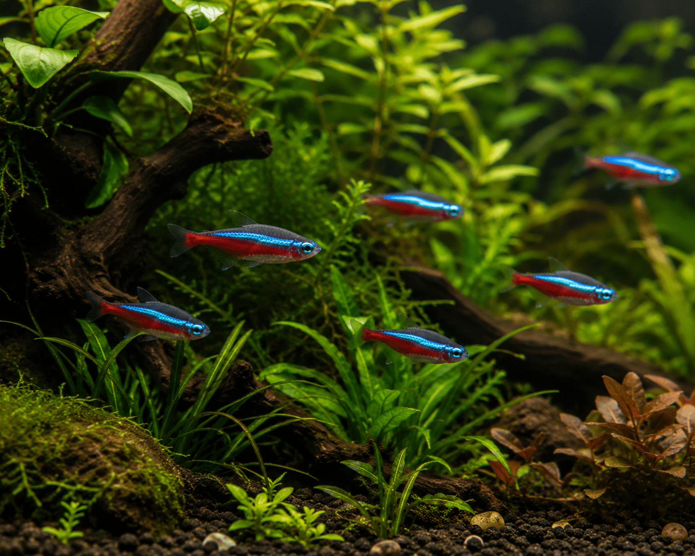 Acuario plantado con pequeños peces tipo neón y otros peces tropicales