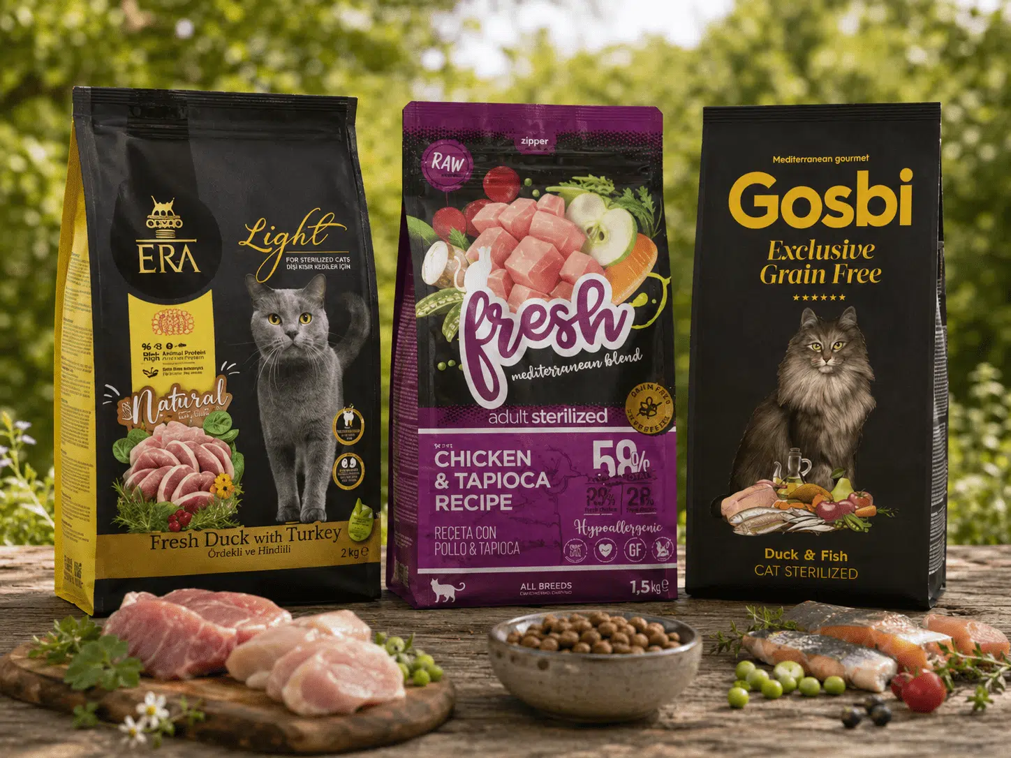 Comparativa visual de piensos para gatos Gosbi, Ownat y ERA