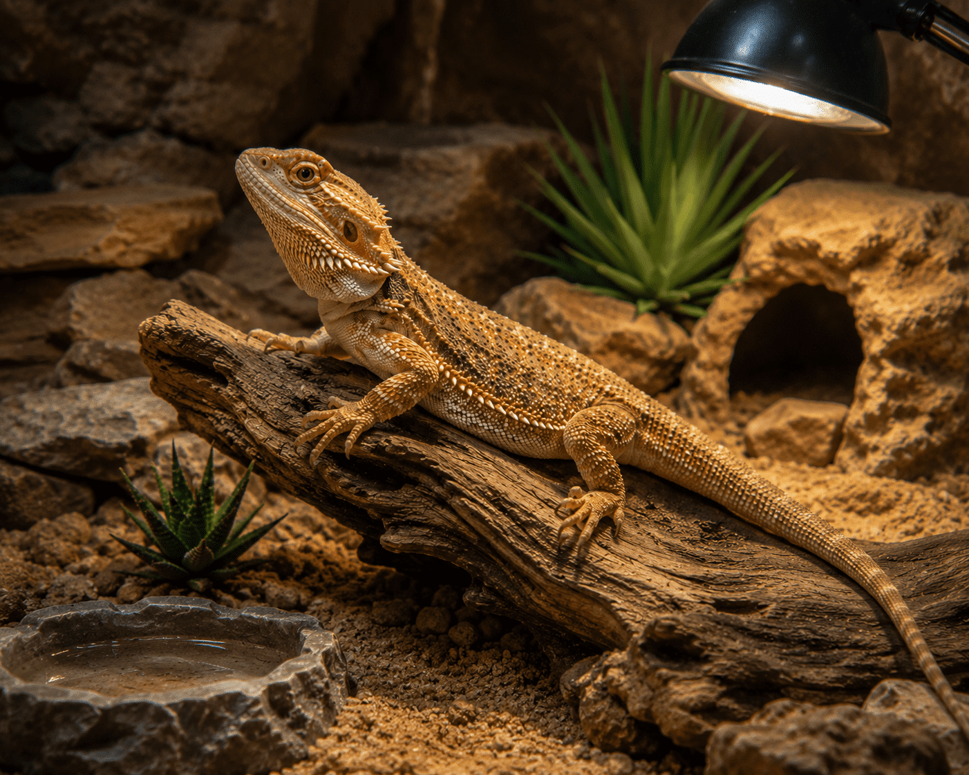 Tubo UVB y zona de terrario para reptiles desérticos