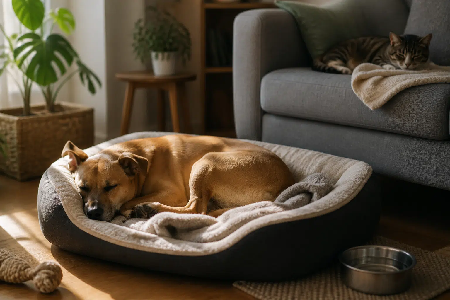 Mascota descansando en una cama cómoda