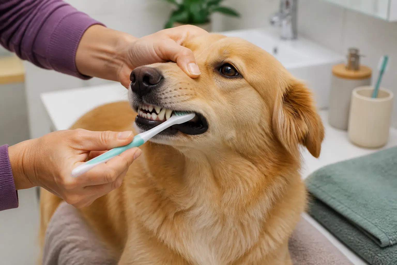 Cuidado dental de una mascota con accesorios adecuados