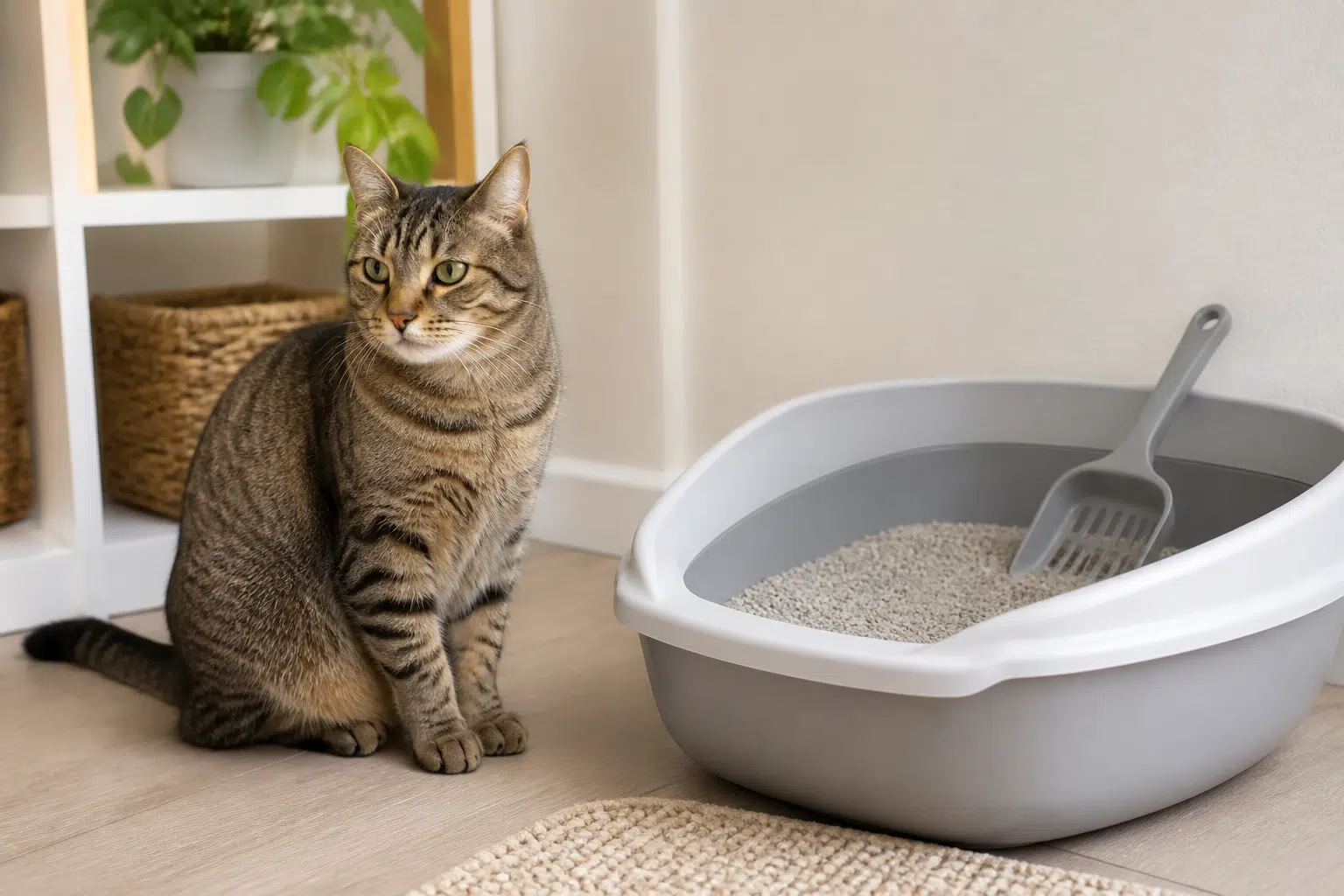 Gato junto a un arenero limpio en casa