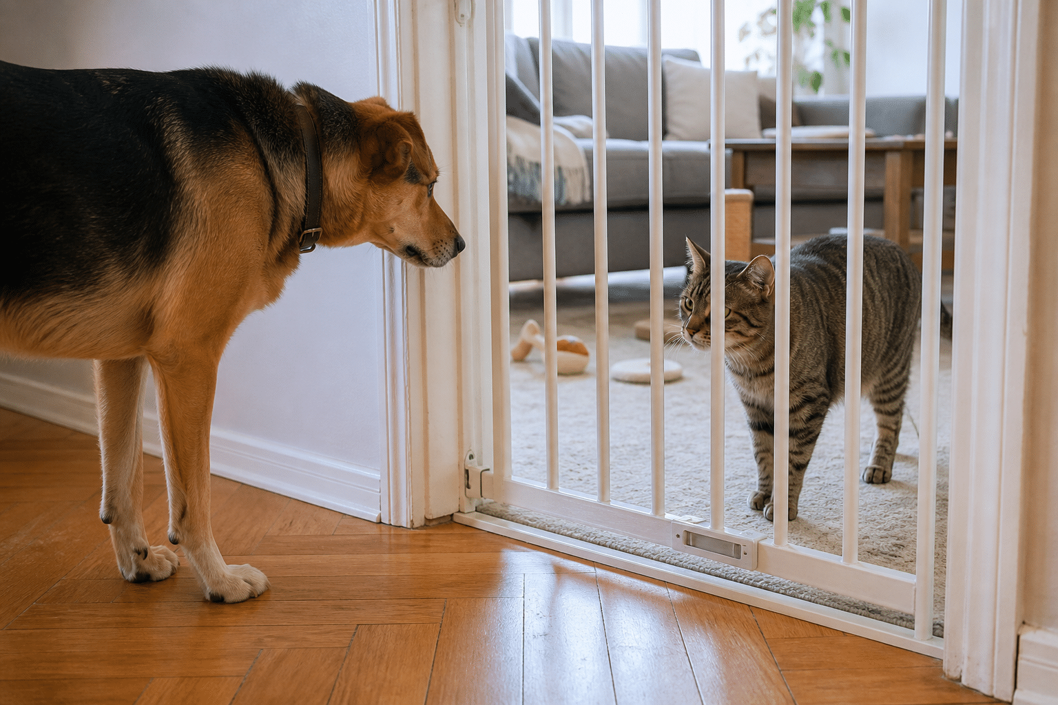 Perro adulto y gato cachorro conociéndose en casa